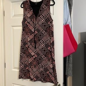 Lord and Taylor sun dress, black with white, pink and coral pattern